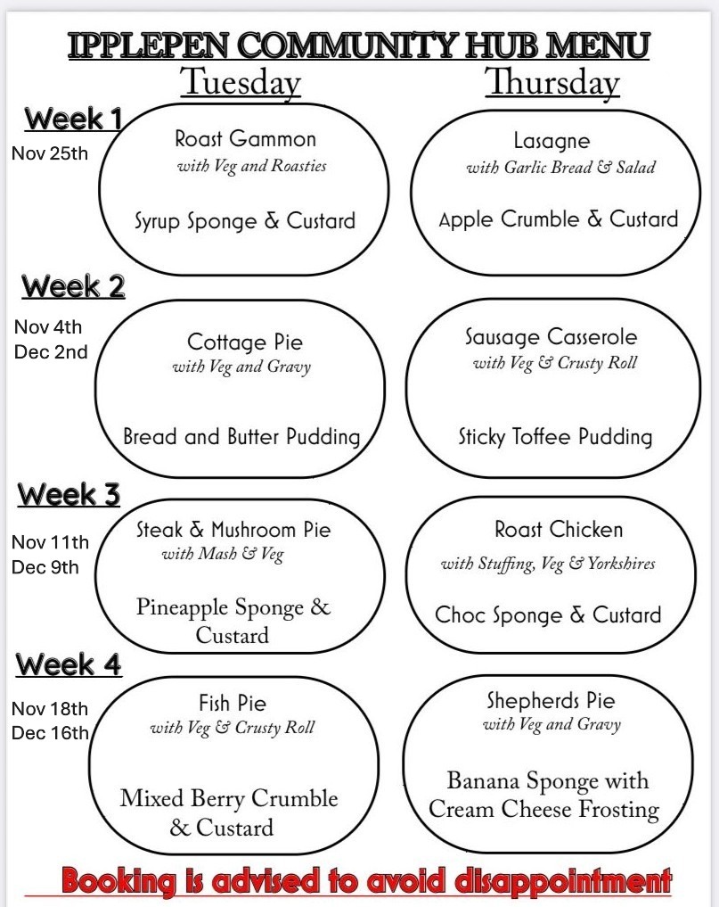 November and December Ipplepen Hub Cafe Menu