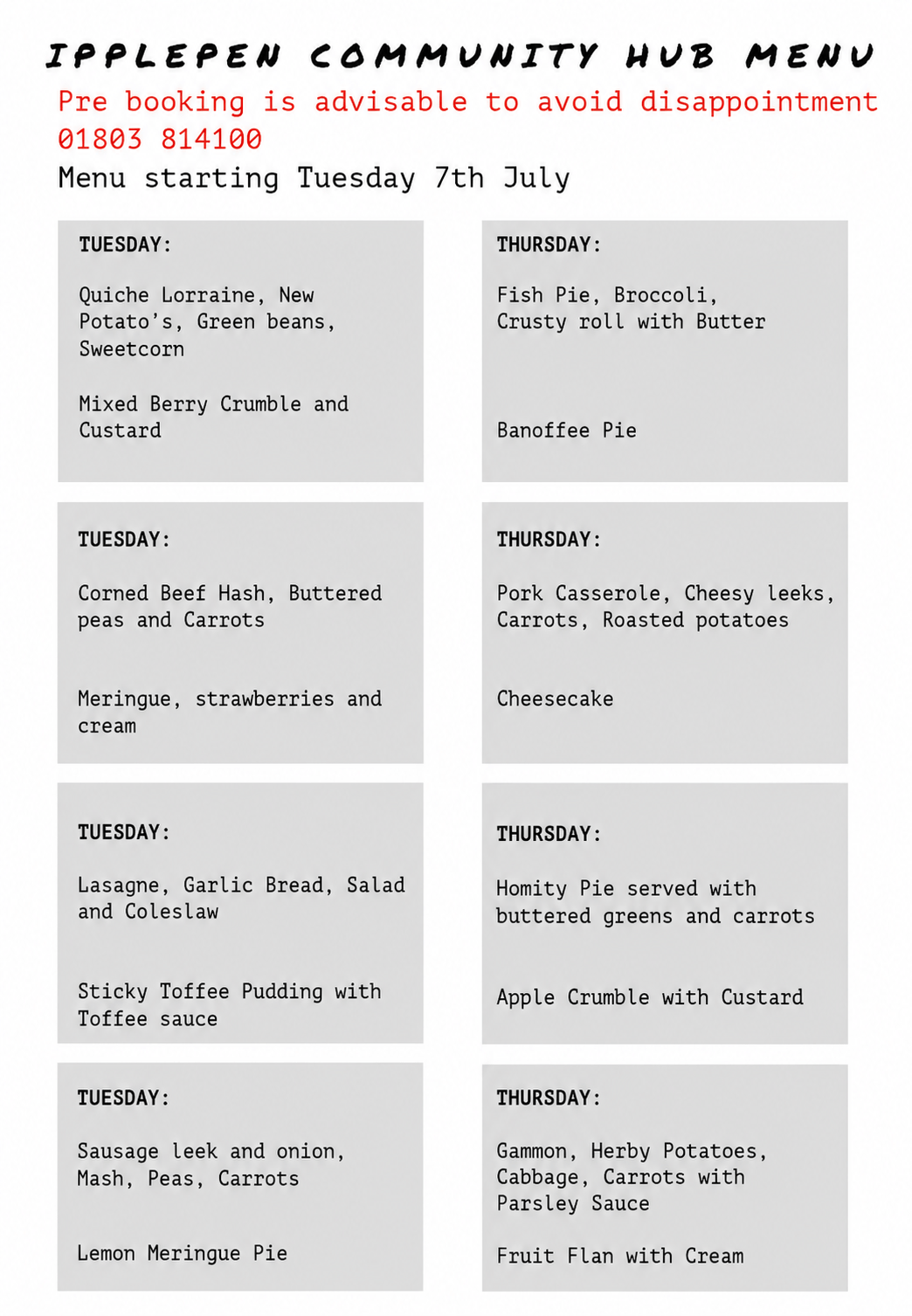 Ipplepen Cafe Menu for July and August